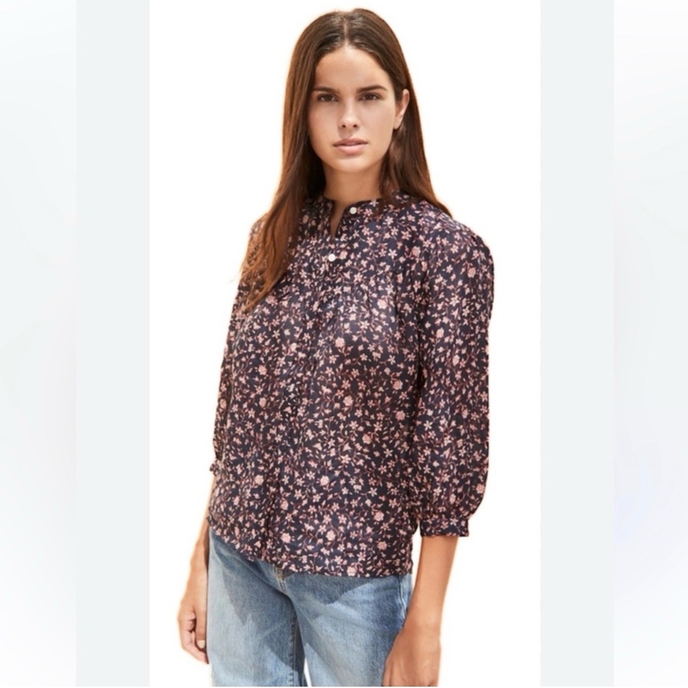 Frame Denim Anita puff sleeve blouse Navy and Pink Floral SL329